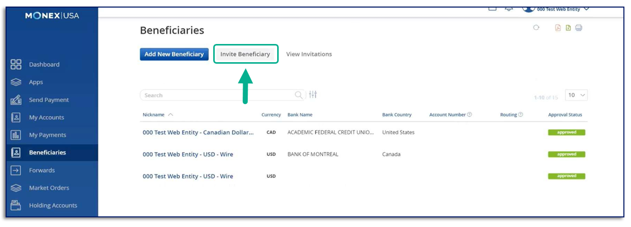 Monex USA Online Beneficiary Tool interface